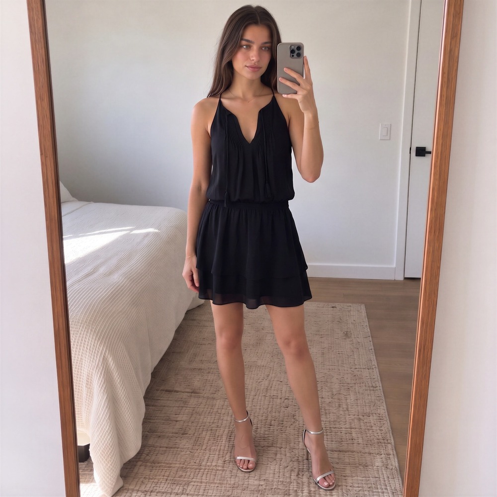 Joie Silk Mini Dress S Black Pleated V Neck Tassel Racerback Quiet Luxury Chic